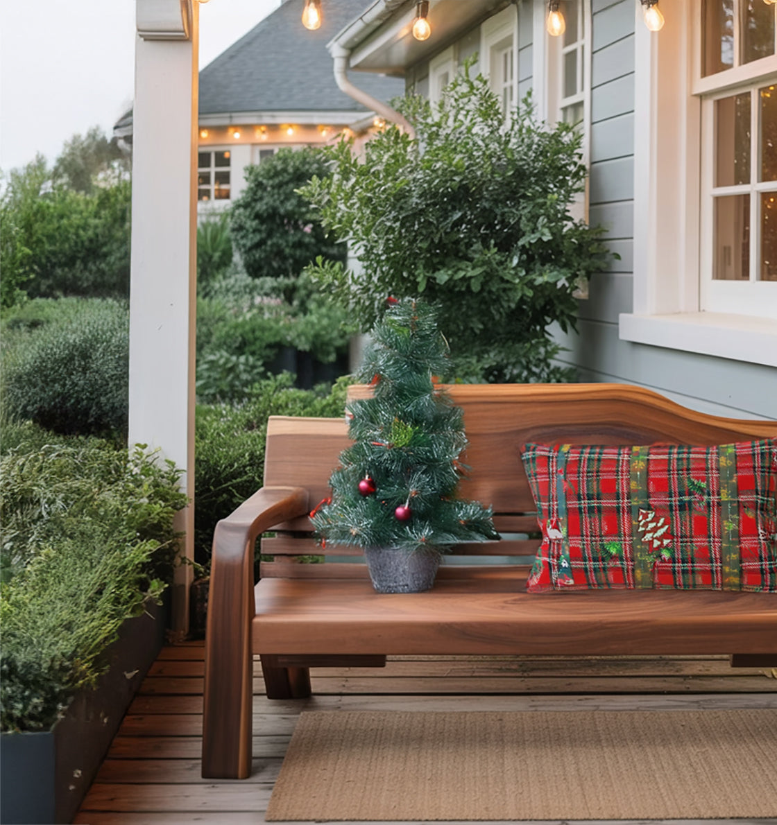 Rustikale Outdoor-Holzbank – geschwungene Rückenlehne für Veranda & Garten