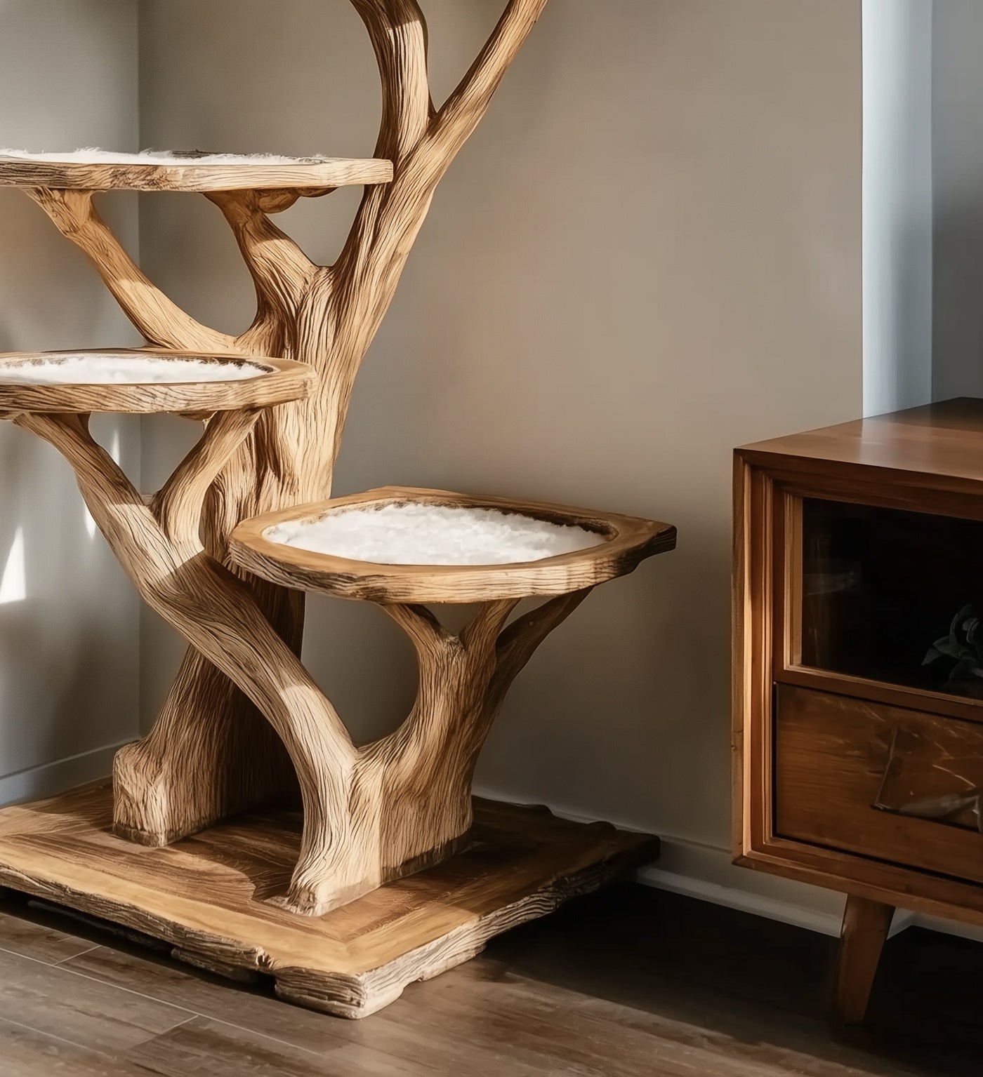 Katzenbaum aus Naturholz – Moderner handgefertigter großer Katzenbaum mit Regalen