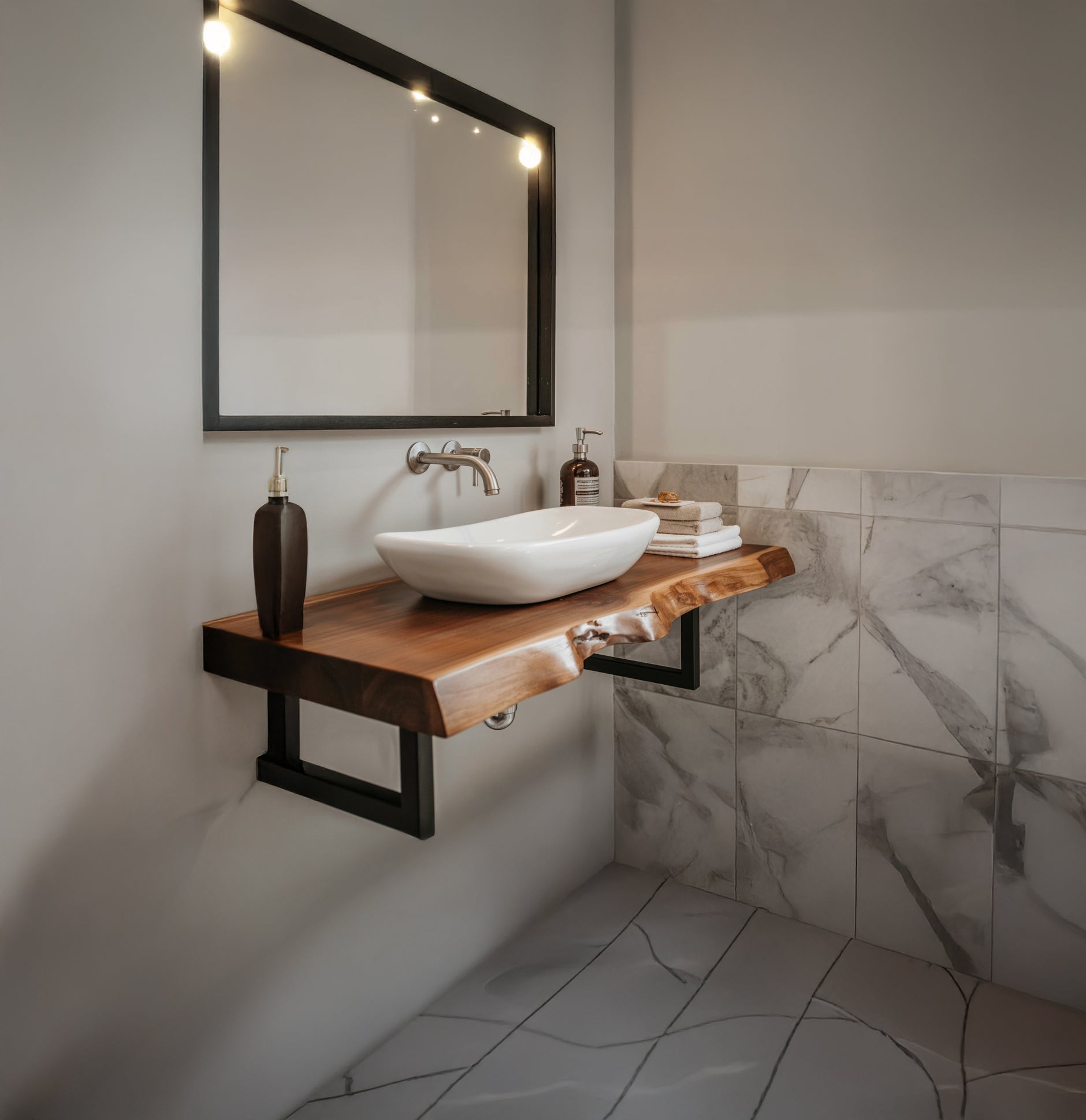 Rustikales Massivholz-Waschtischregal – Live Edge & moderne Metallhalter