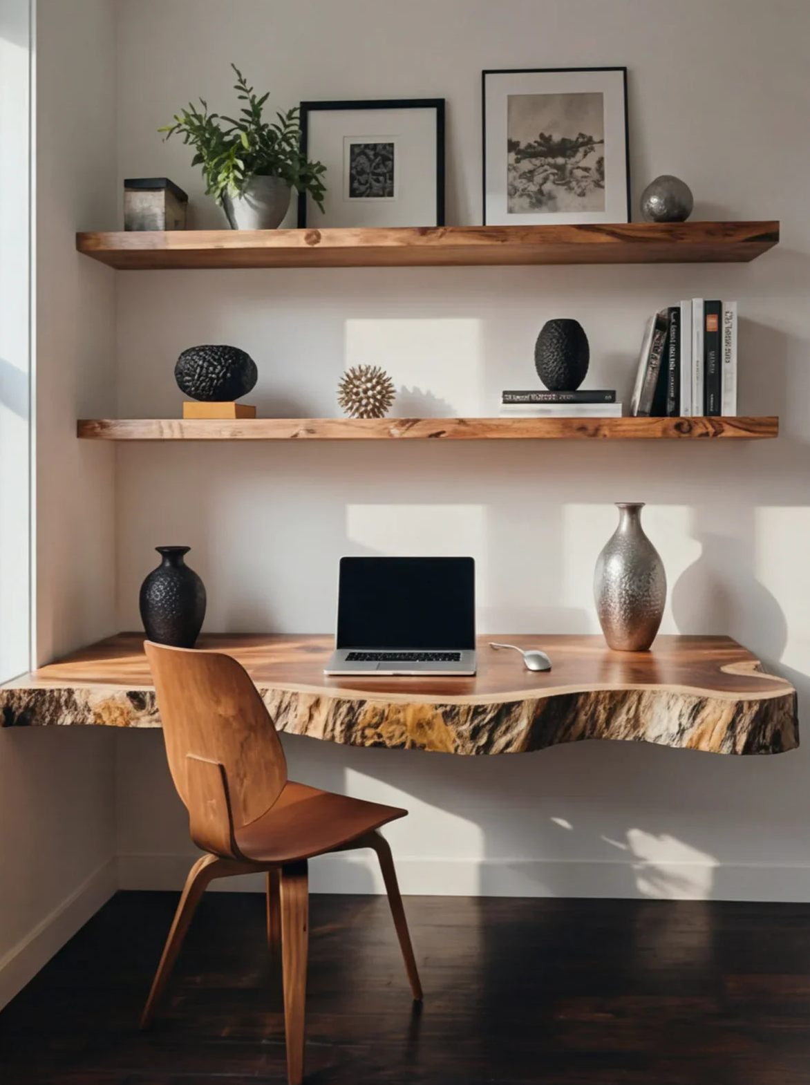 Schwebender Baumkanten-Holzschreibtisch, Holzstuhl und Wandregale in einem modernen Homeoffice