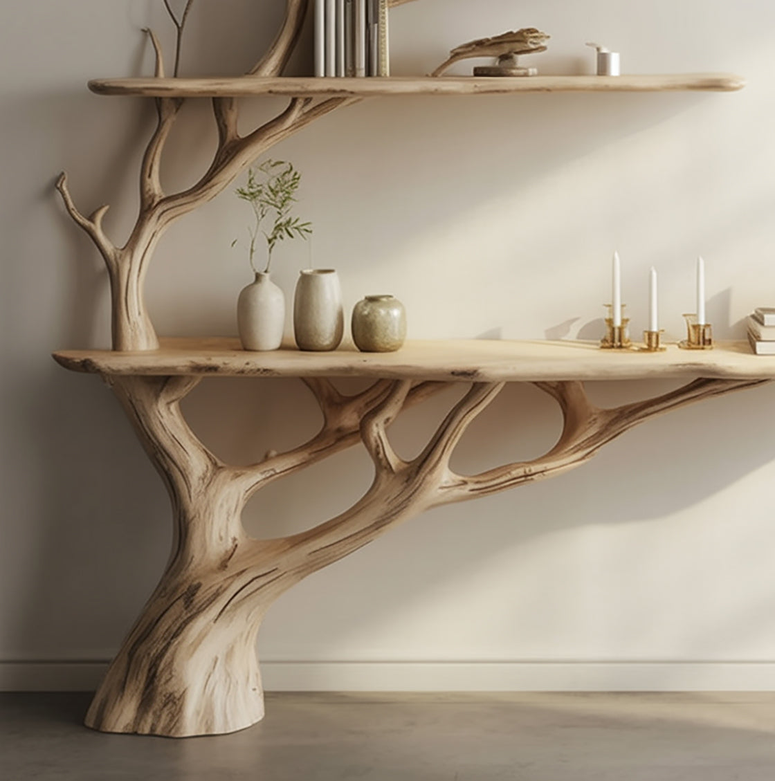 Live-Edge Konsolentisch aus Massivholz mit handgefertigten Astregalen
