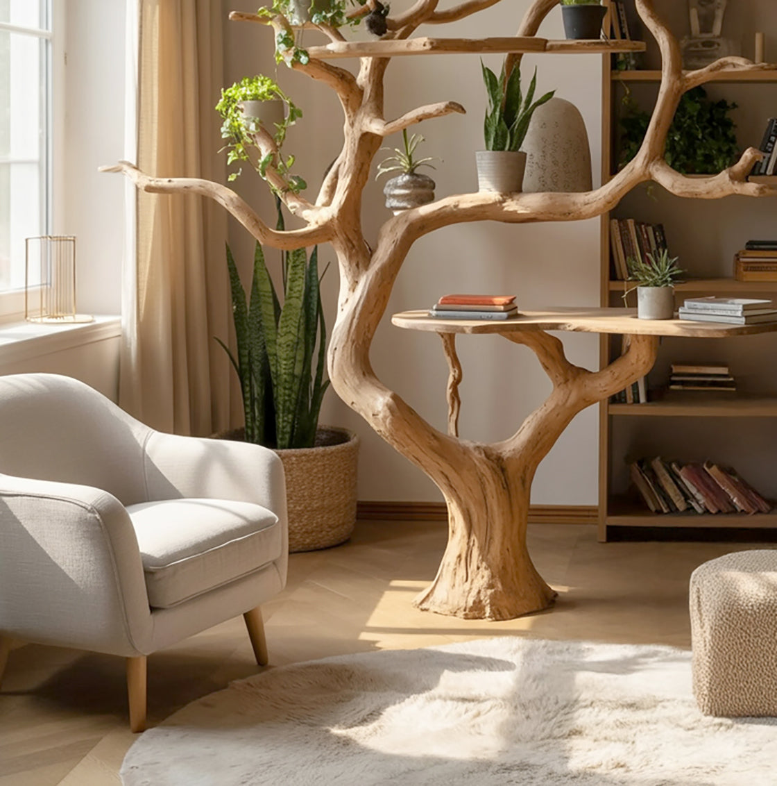 Cozy living room with beige armchair, unique natural wood tree table with plants, indoor greenery, and soft rug