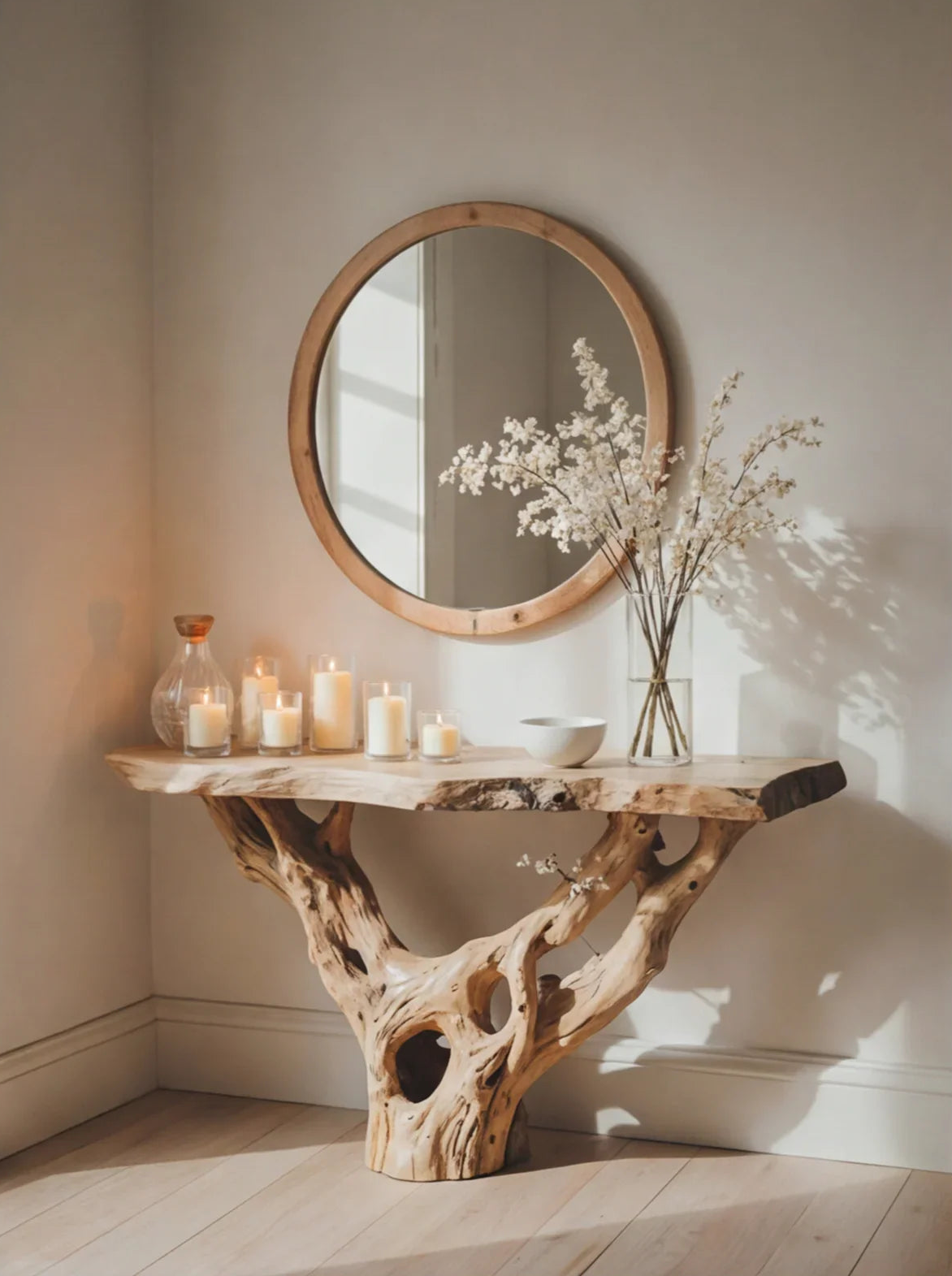 Baumkanten-Konsolentisch aus Holz mit skulpturalem Fuß, rundem Spiegel, Kerzen und Blumenvase