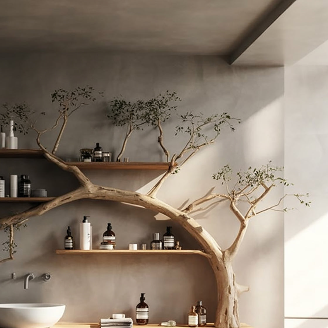 Waschtisch & Schweberegale aus Massivholz mit Baumast-Gestell