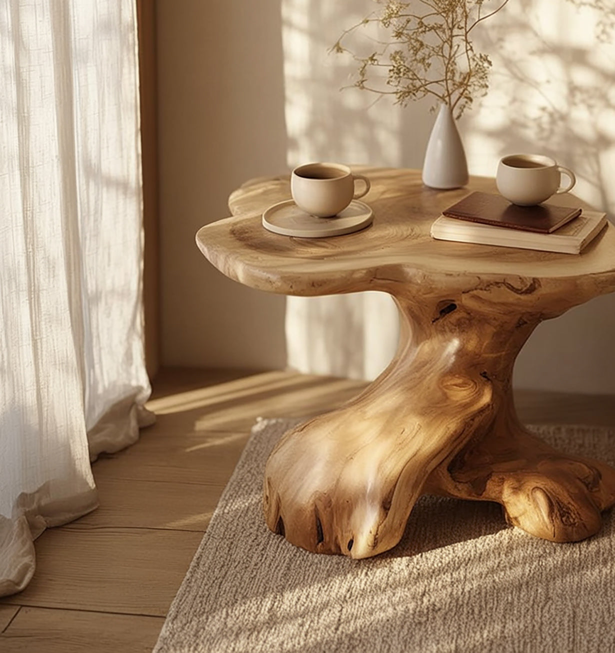 Natural wooden coffee table with two beige cups, books, and a white vase with dried flowers in sunlight