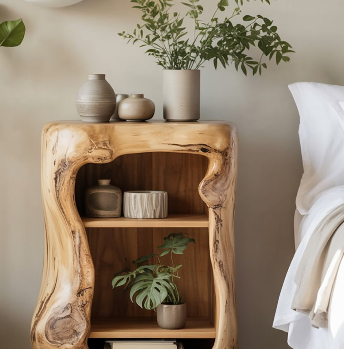 Nachttisch aus Massivholz mit Naturkante – Handgefertigter Beistelltisch mit Ablagen