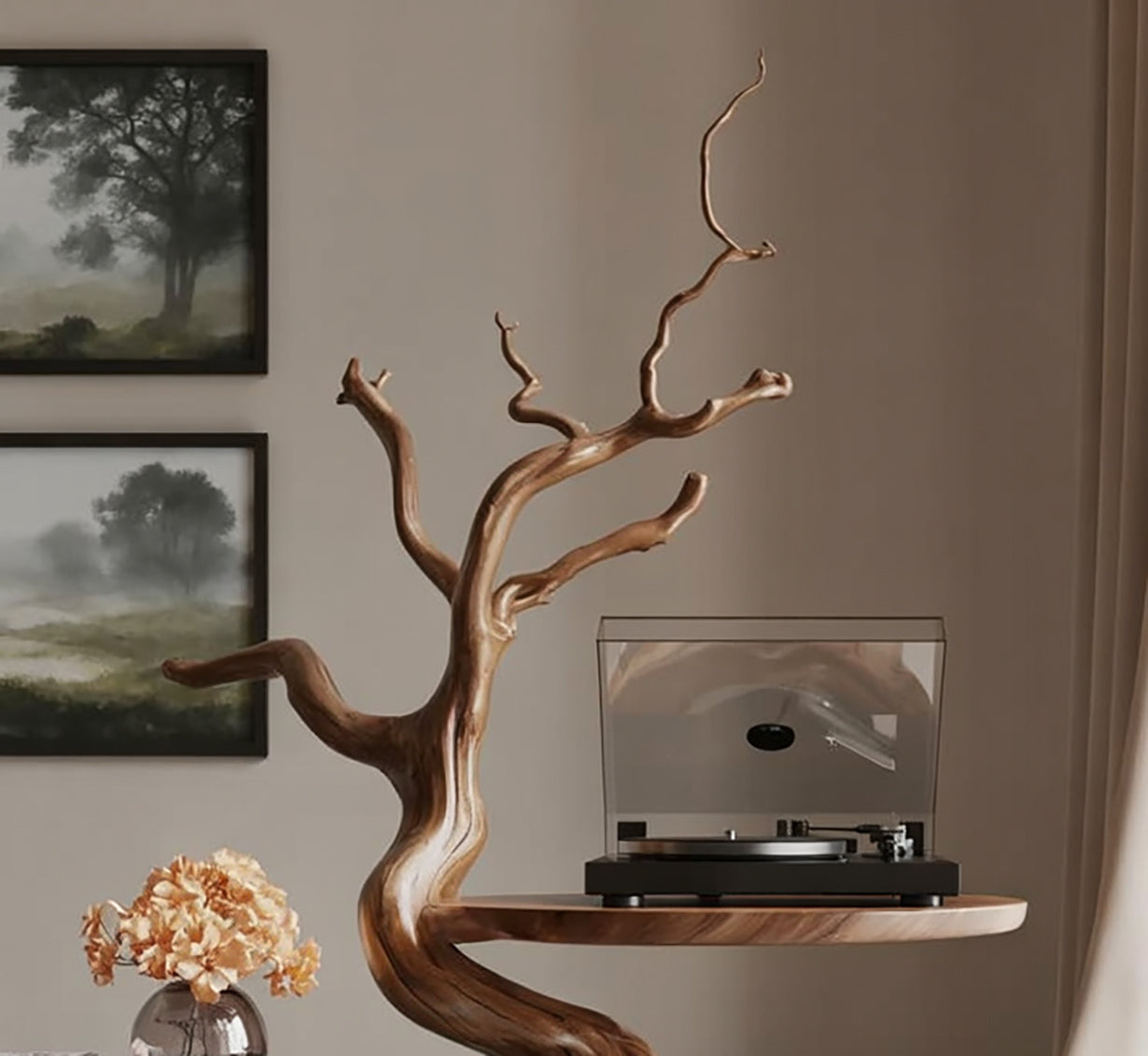 Handgefertigter Plattenspieler-Ständer aus Holz mit Vinyl-Aufbewahrung