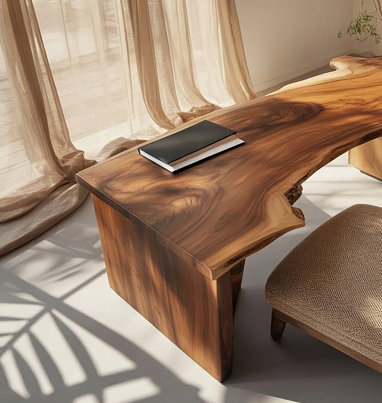 Handgefertigter Live-Edge Massivholz-Schreibtisch mit Stauraum