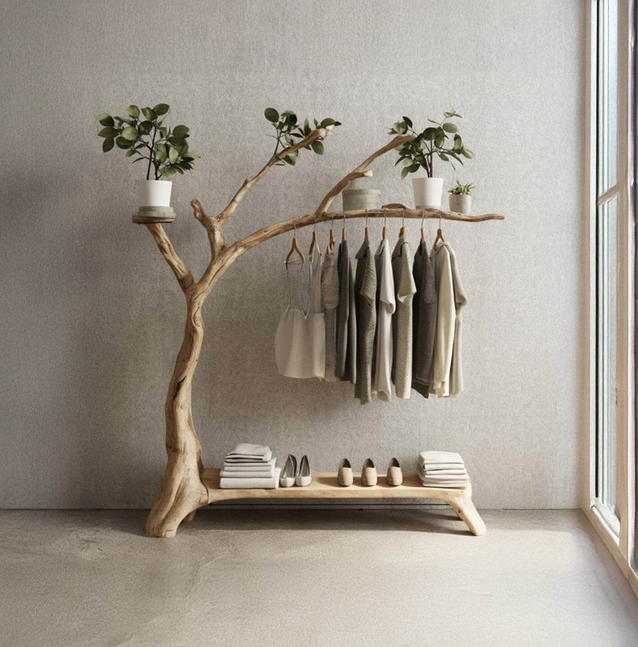 Live-Edge Holz-Kleiderständer – Baumast-Garderobe mit Ablagebank