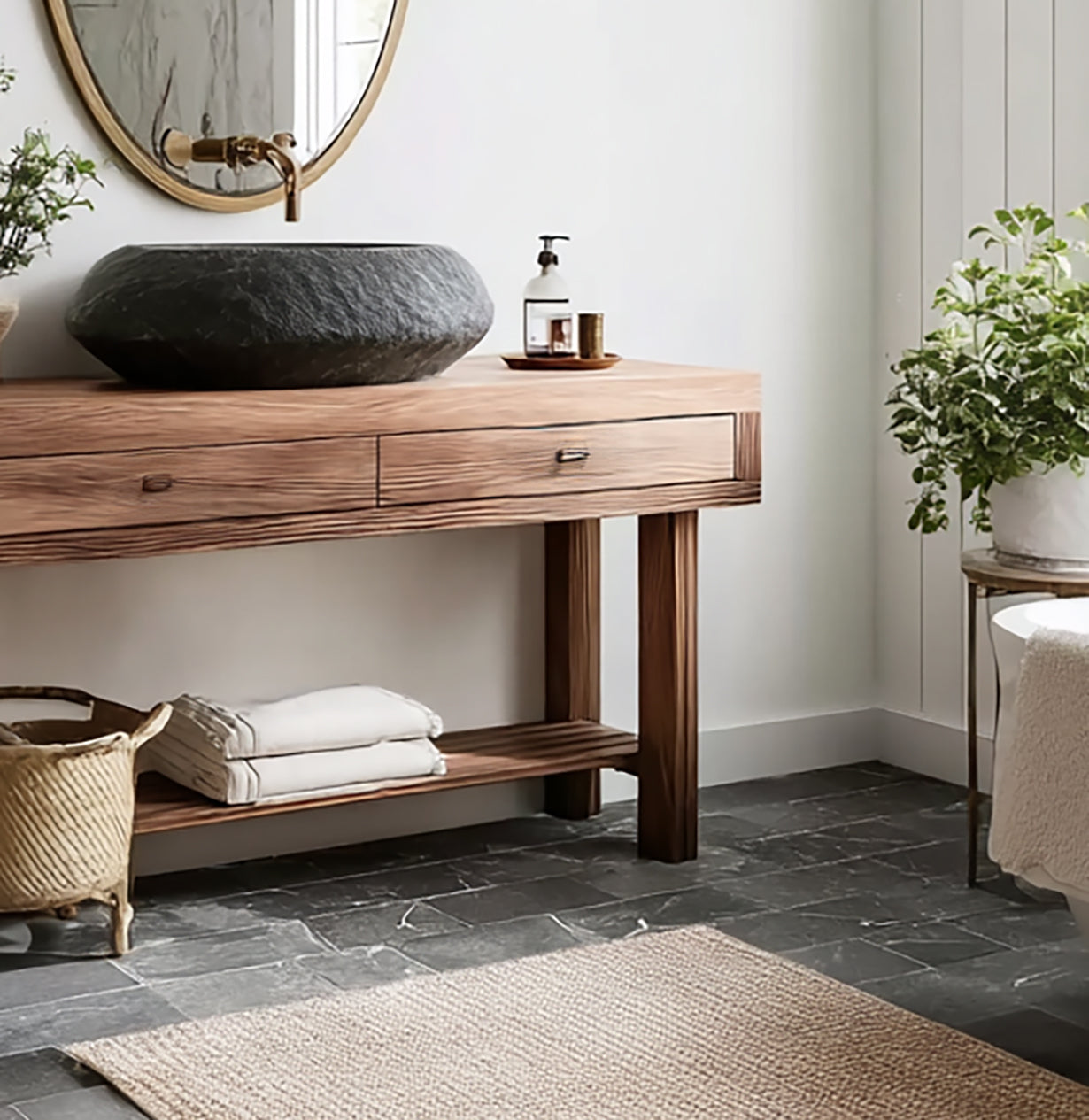 Massivholz Badmöbel schwebend – Rustikaler Live Edge Waschtisch