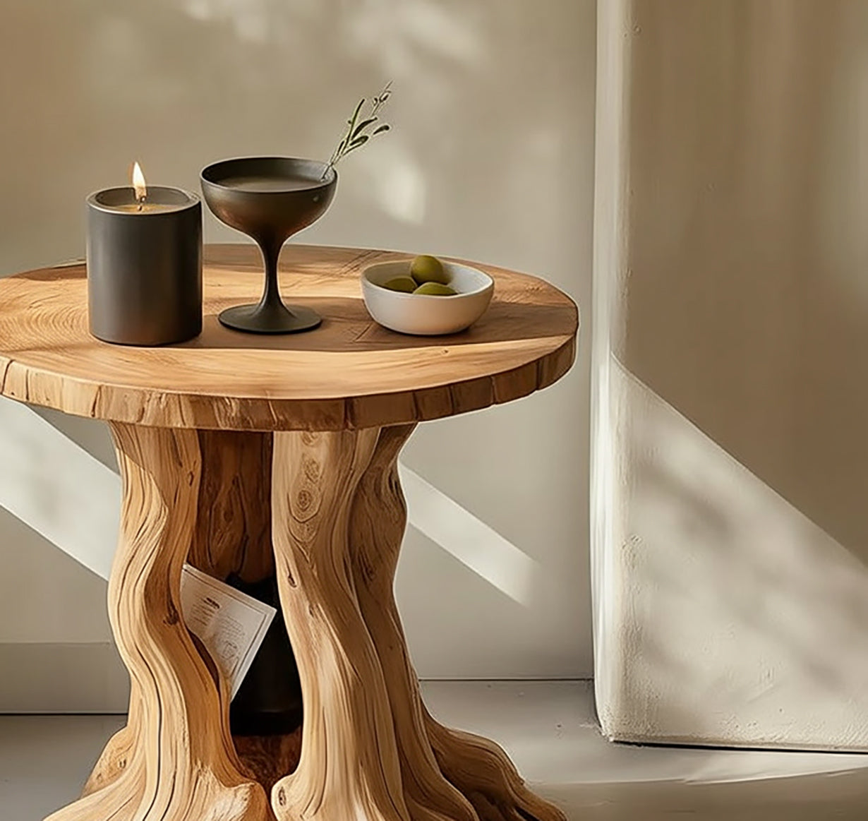 Handgefertigter Beistelltisch aus Massivholz mit skulpturalem Wurzel-Fuß