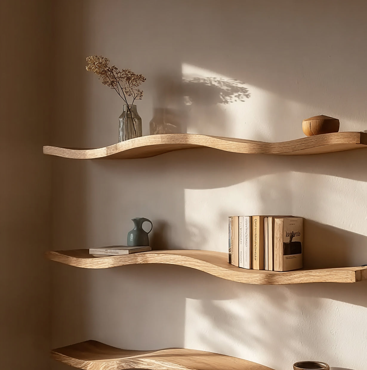 Rustikales schwebendes Wandregal mit Naturkante – Massivholz Walnuss