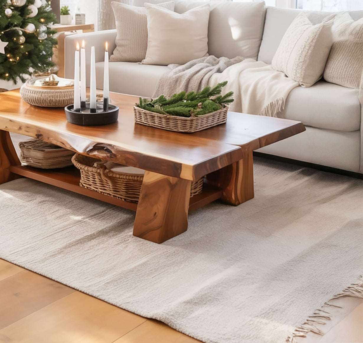 Rustikaler Massivholz-Couchtisch – handgefertigt mit integriertem Regal