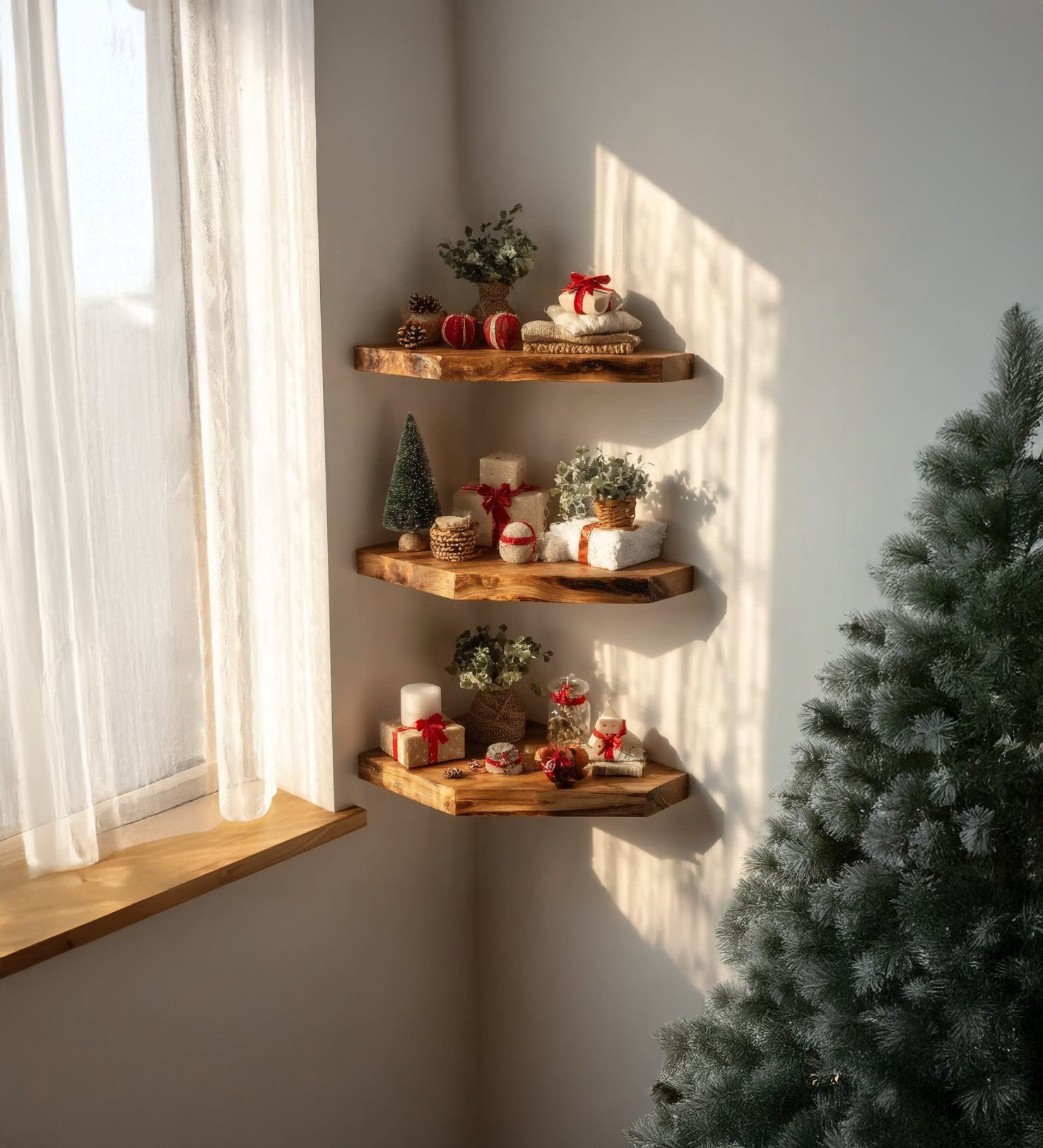 Rustikale Eck-Floating-Regale mit Baumkante – handgefertigtes Wanddisplay aus Massivholz