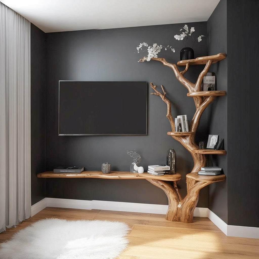 Rustikales Baum-Bücherregal & TV-Wandregal aus Holz – handgefertigt