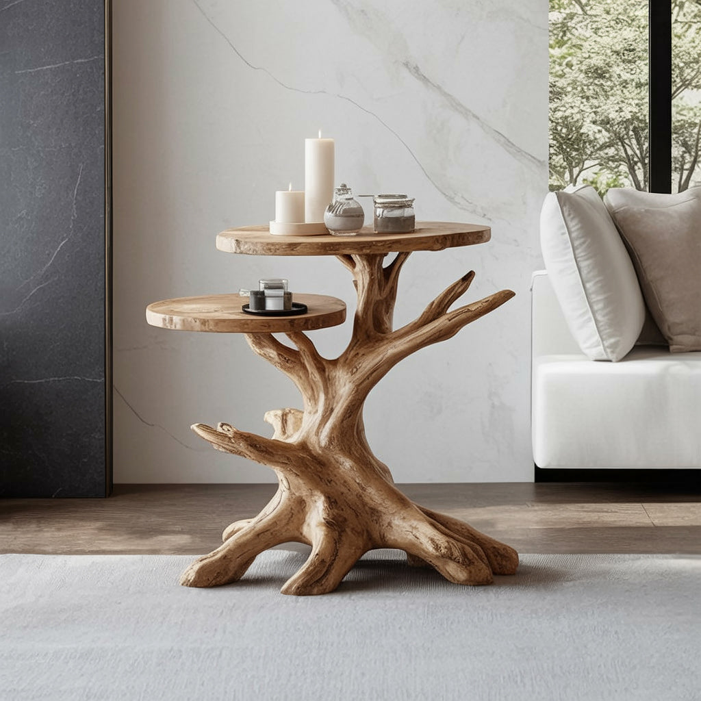 Handgefertigter Beistelltisch aus Massivholz mit Baumfuß, rustikal