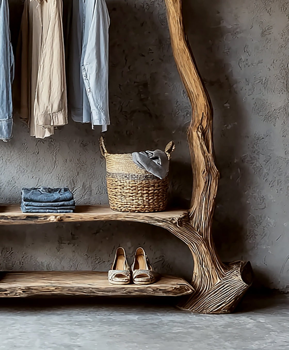 Handgefertigter Kleiderständer aus Astholz – Massivholz-Garderobe mit Ablage