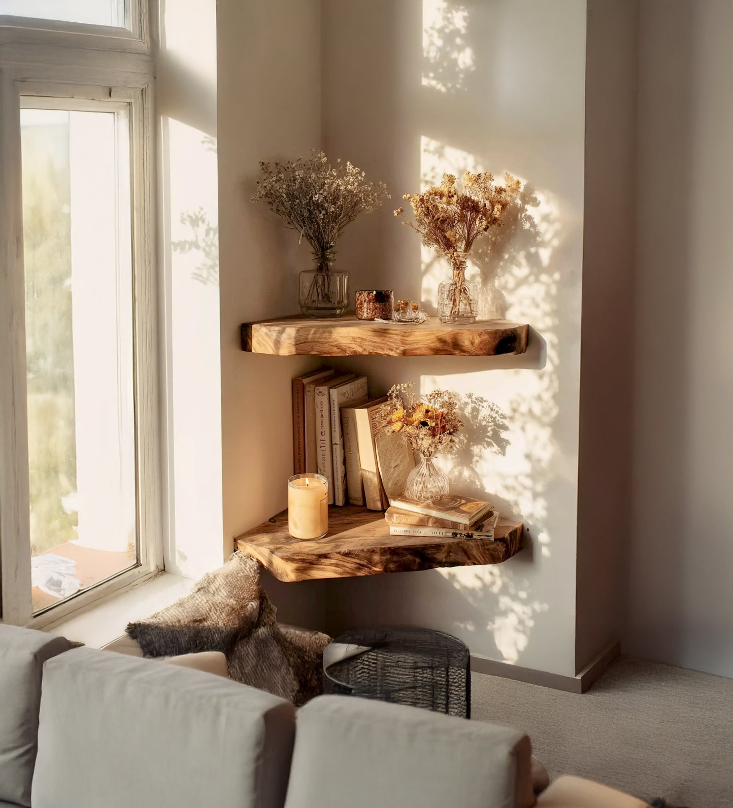 Landhausstil Floating-Eckregal – Wandregal mit Baumkante, rustikale Walnuss-Bücherregale