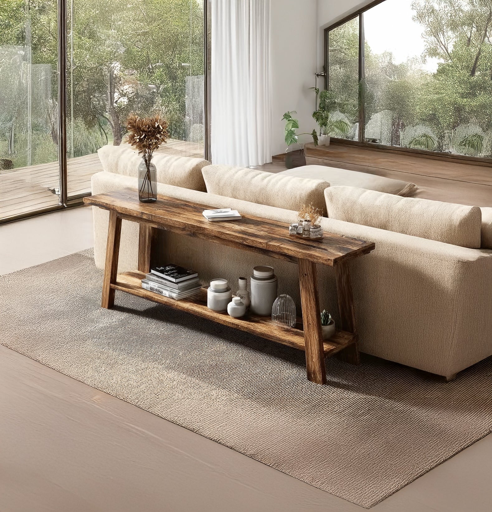 Rustikaler Konsolentisch aus recyceltem Holz – Live-Edge-Tisch für den Eingangsbereich