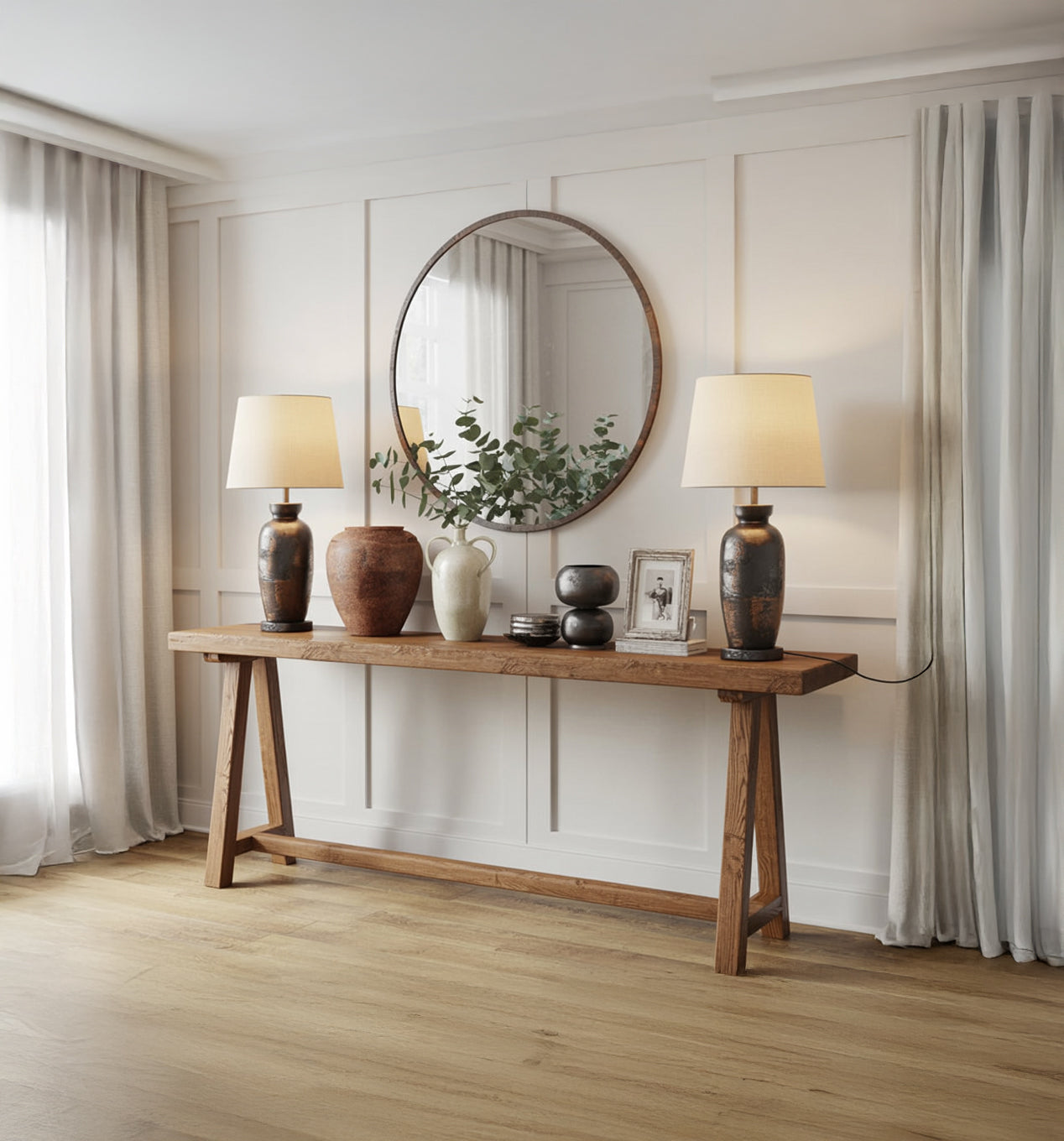 Rustikaler Konsolentisch aus recyceltem Holz – Live-Edge-Tisch für den Eingangsbereich