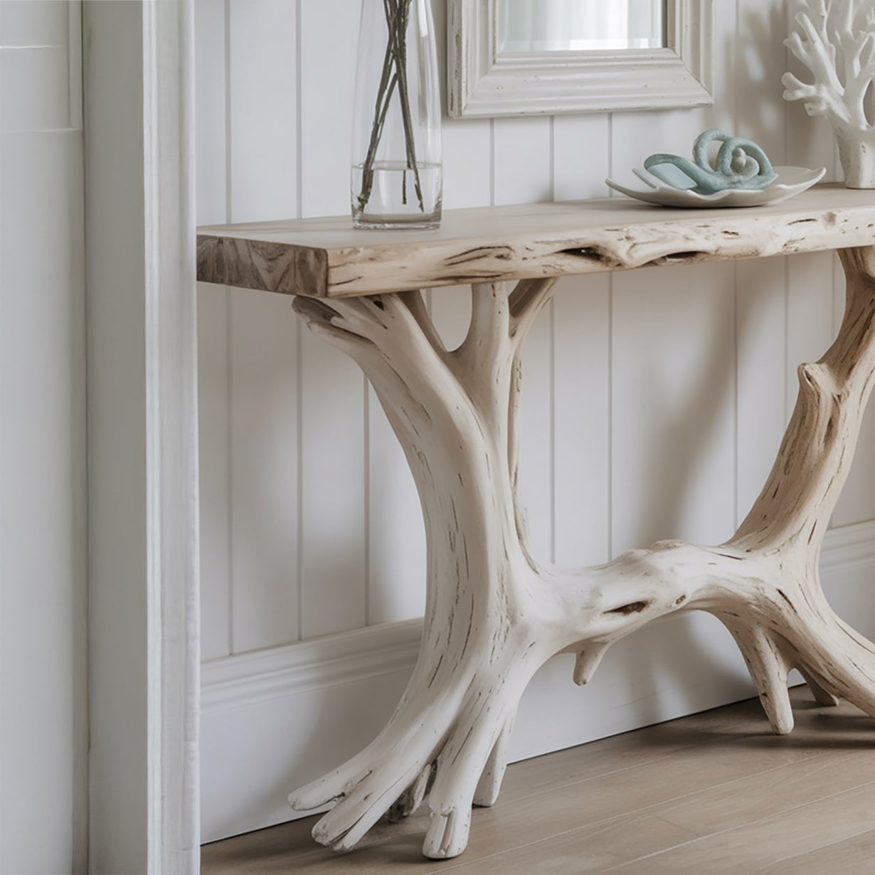 Live Edge Konsolentisch mit Skulpturalem Holzfuß – Handarbeit