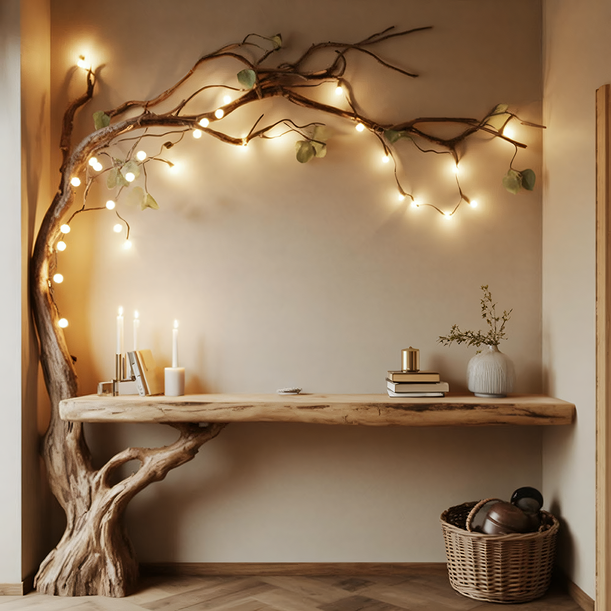 Live-Edge Baumast-Konsole mit Beleuchtung – Handgefertigter Holz-Tisch