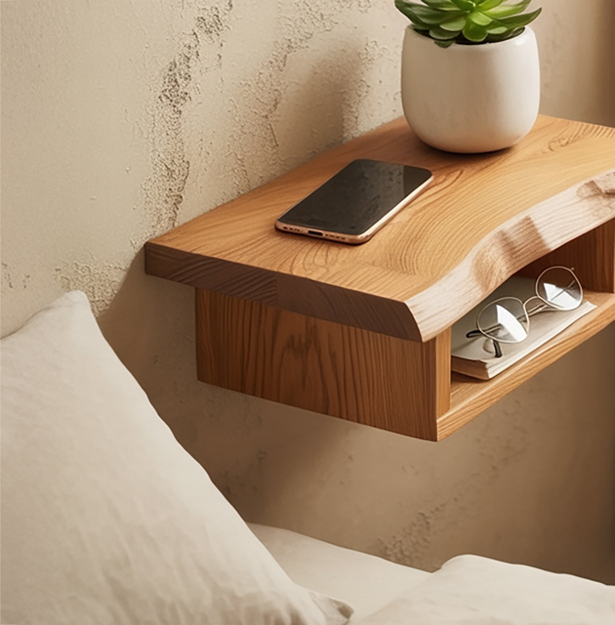 Massivholz Nachttisch mit Ablage – Moderner Beistelltisch Holz