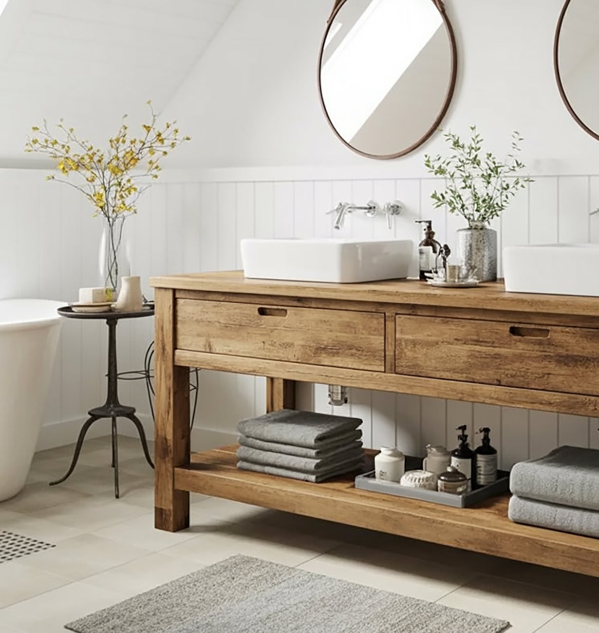 Rustikaler Bad-Unterschrank aus recyceltem Holz – Floating, Doppelwaschbecken