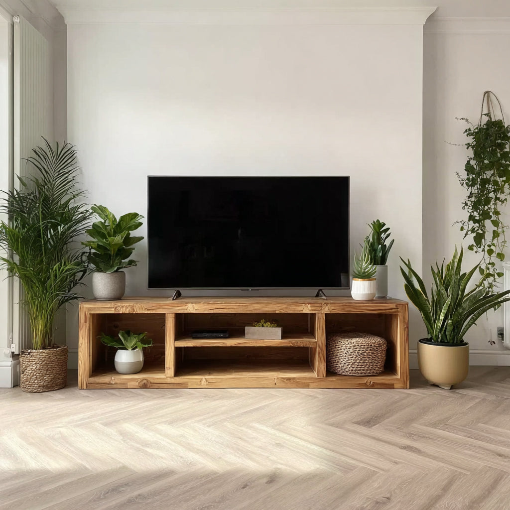 Handgefertigtes rustikales TV-Regal mit Stauraum – Konsole aus recyceltem Massivholz