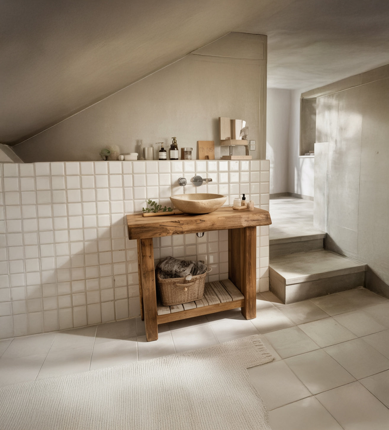 Massivholz-Badunterschrank – rustikaler Waschtisch mit Baumkante