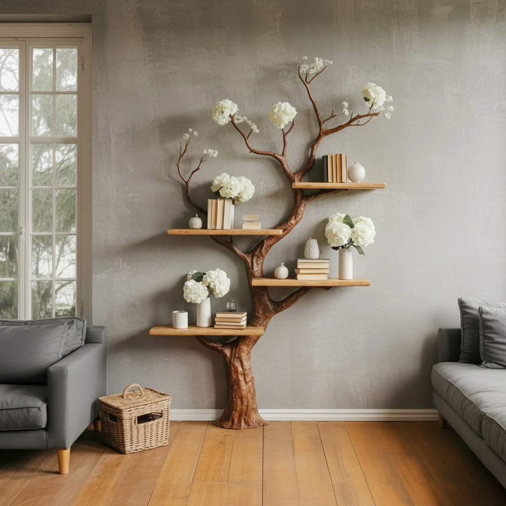 Handgefertigtes Baum-Bücherregal aus Massivholz im Naturdesign