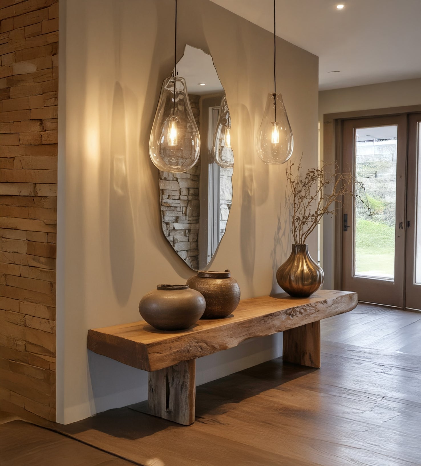 Handgefertigte Massivholz-Bank mit Baumkante – rustikaler Flur-Sitzplatz & Schuhregal