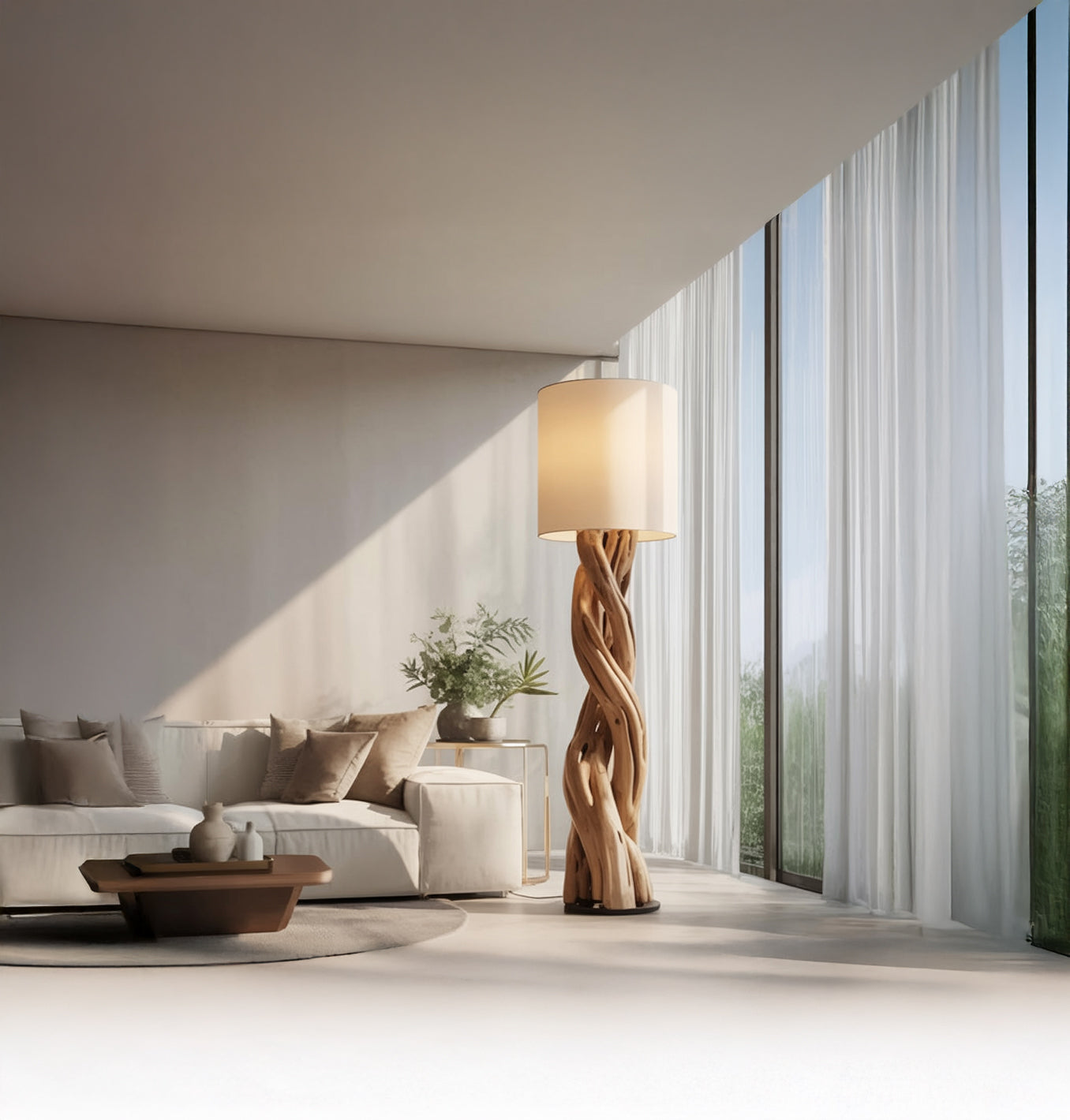 Moderne Stehlampe aus Holz – skulpturales, gedrehtes Design mit Stoffschirm