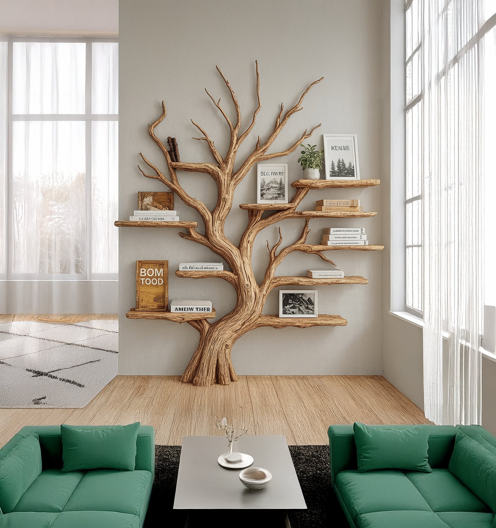 Rustikales Baum-Bücherregal aus Holz – Ast-Design fürs Wohnzimmer