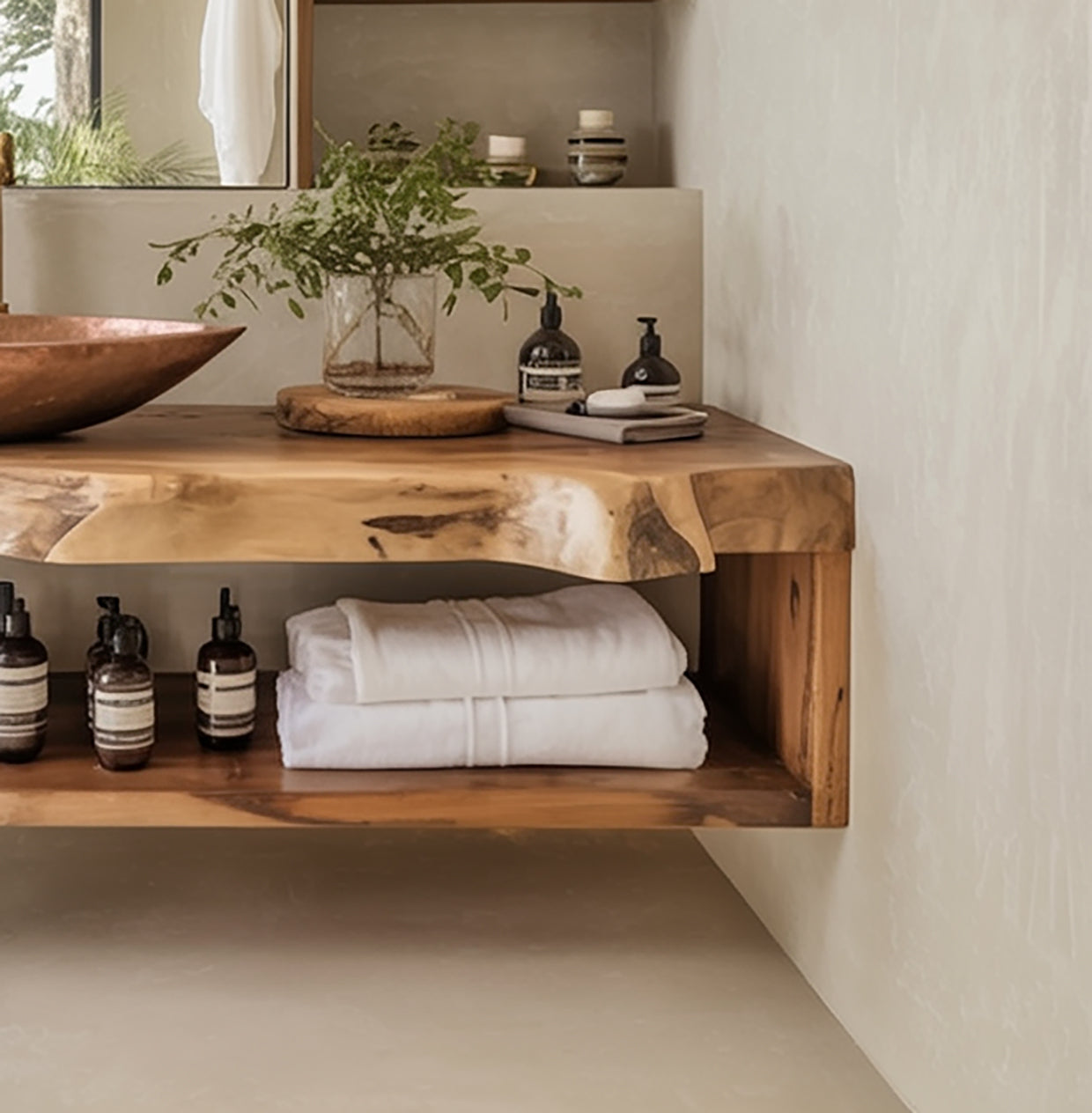 Handgefertigter schwebender Badezimmer-Waschtisch aus Massivholz – Farmhouse-Stil