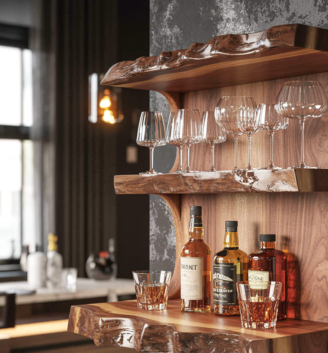 Handgefertigtes schwebendes Barregal – rustikale Wandbar aus Massivholz