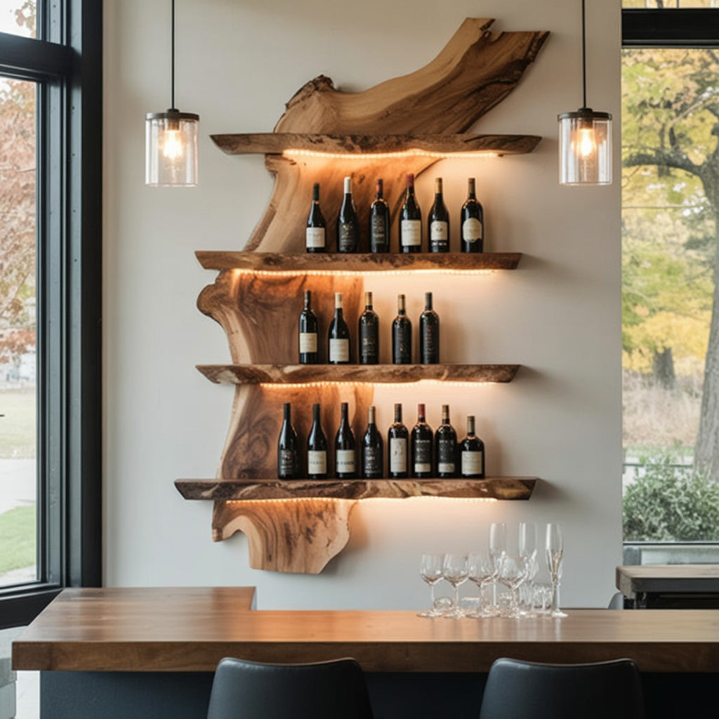 Handgefertigtes Live Edge Barregal – rustikales Wandregal für Hausbar