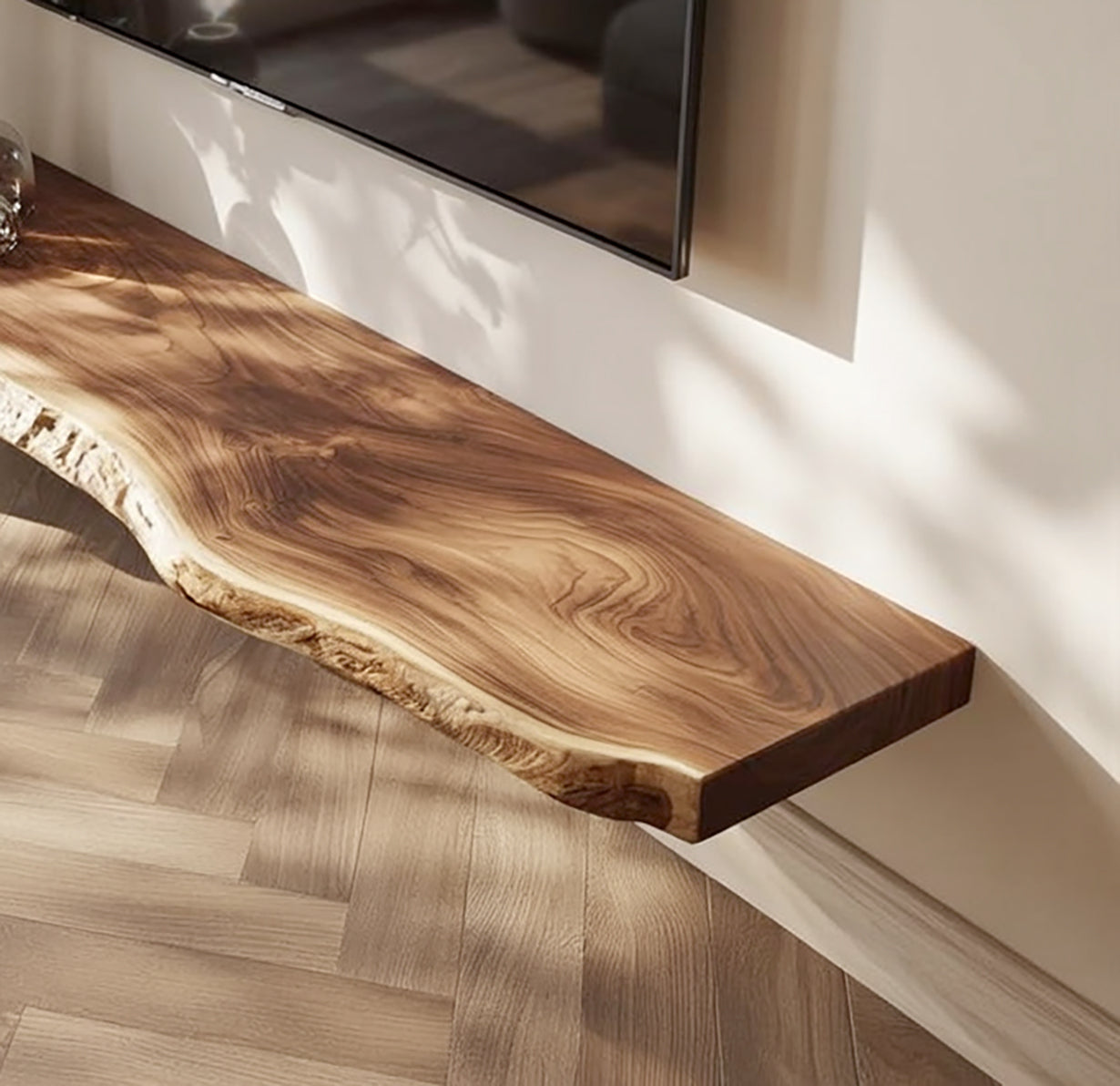 Schwebendes Massivholz-TV-Regal – Rustikal, handgefertigt & modern