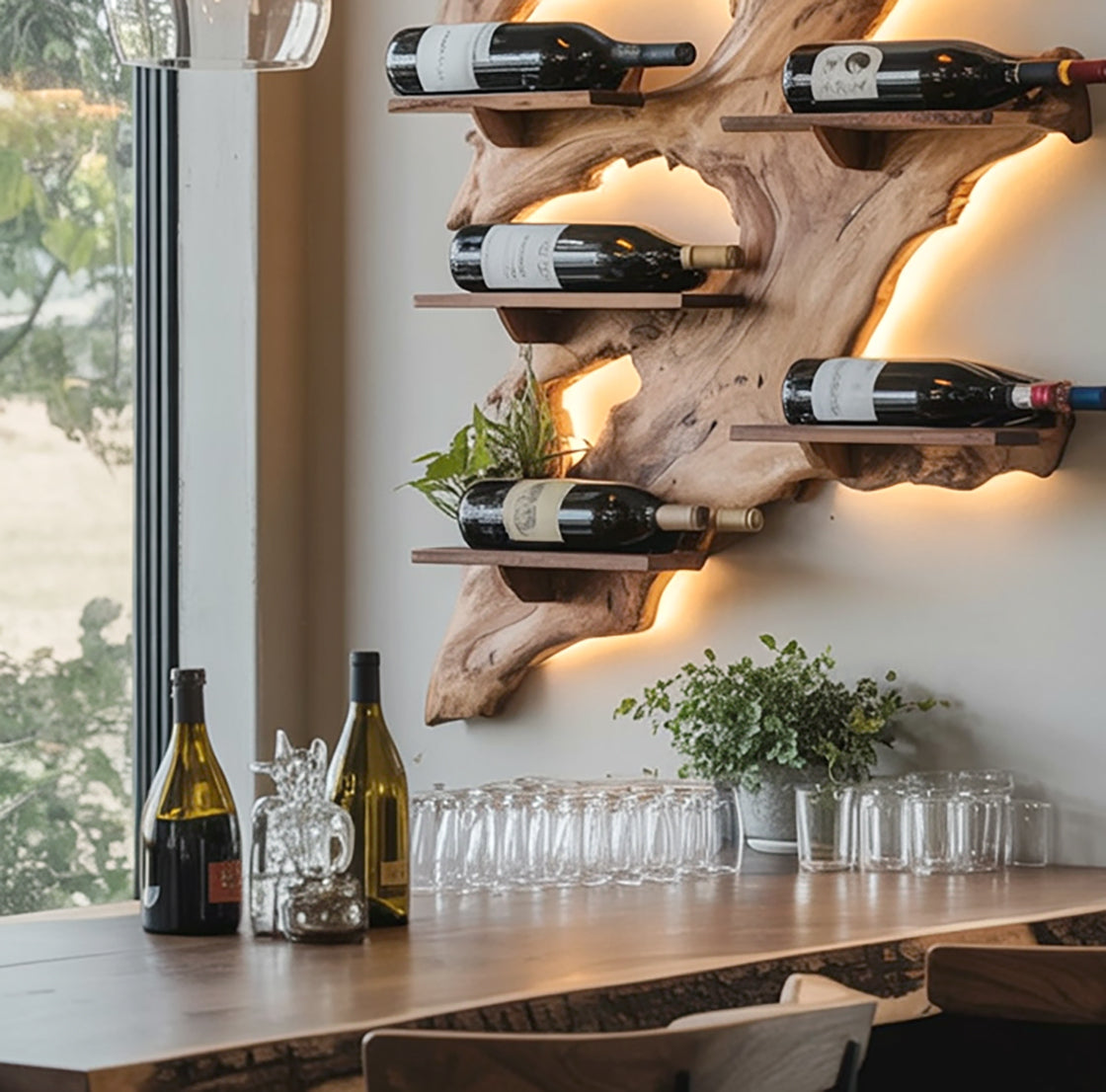 Holz-Weinregal mit Baumkante – Rustikales Wandregal, ideales Weihnachtsgeschenk