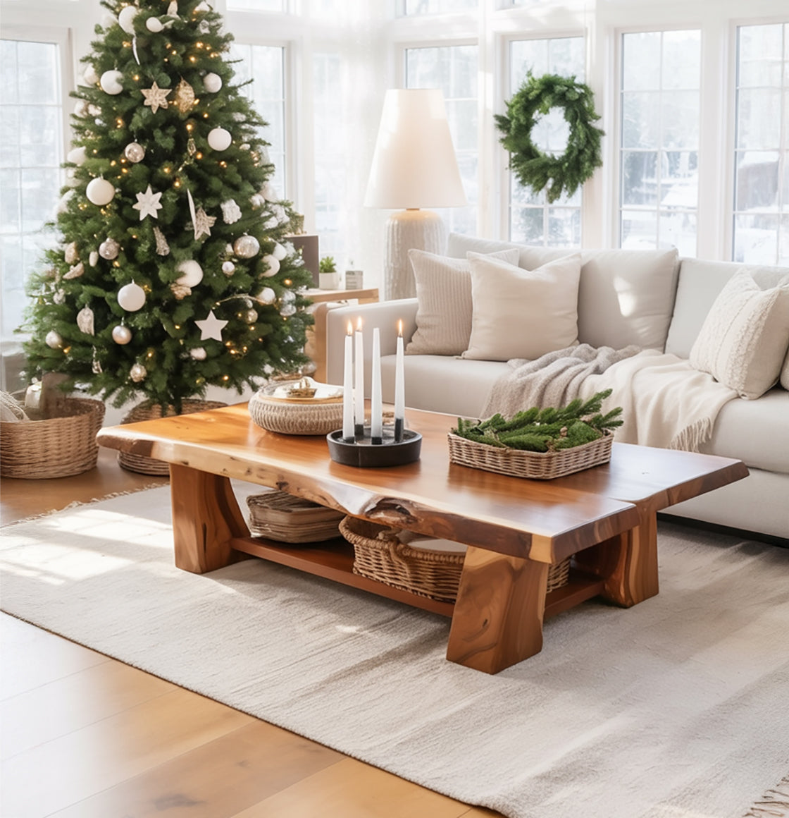 Rustikaler Massivholz-Couchtisch – handgefertigt mit integriertem Regal