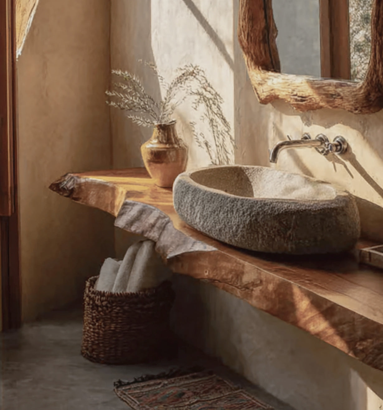 Rustikaler Massivholz-Waschtisch mit Baumkante – schwebendes Badezimmerregal