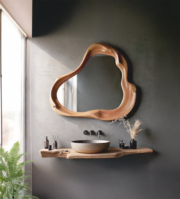 Asymmetrischer Holz-Wandspiegel – rustikal, unregelmäßig, Bauernhaus & Mid-Century Modern