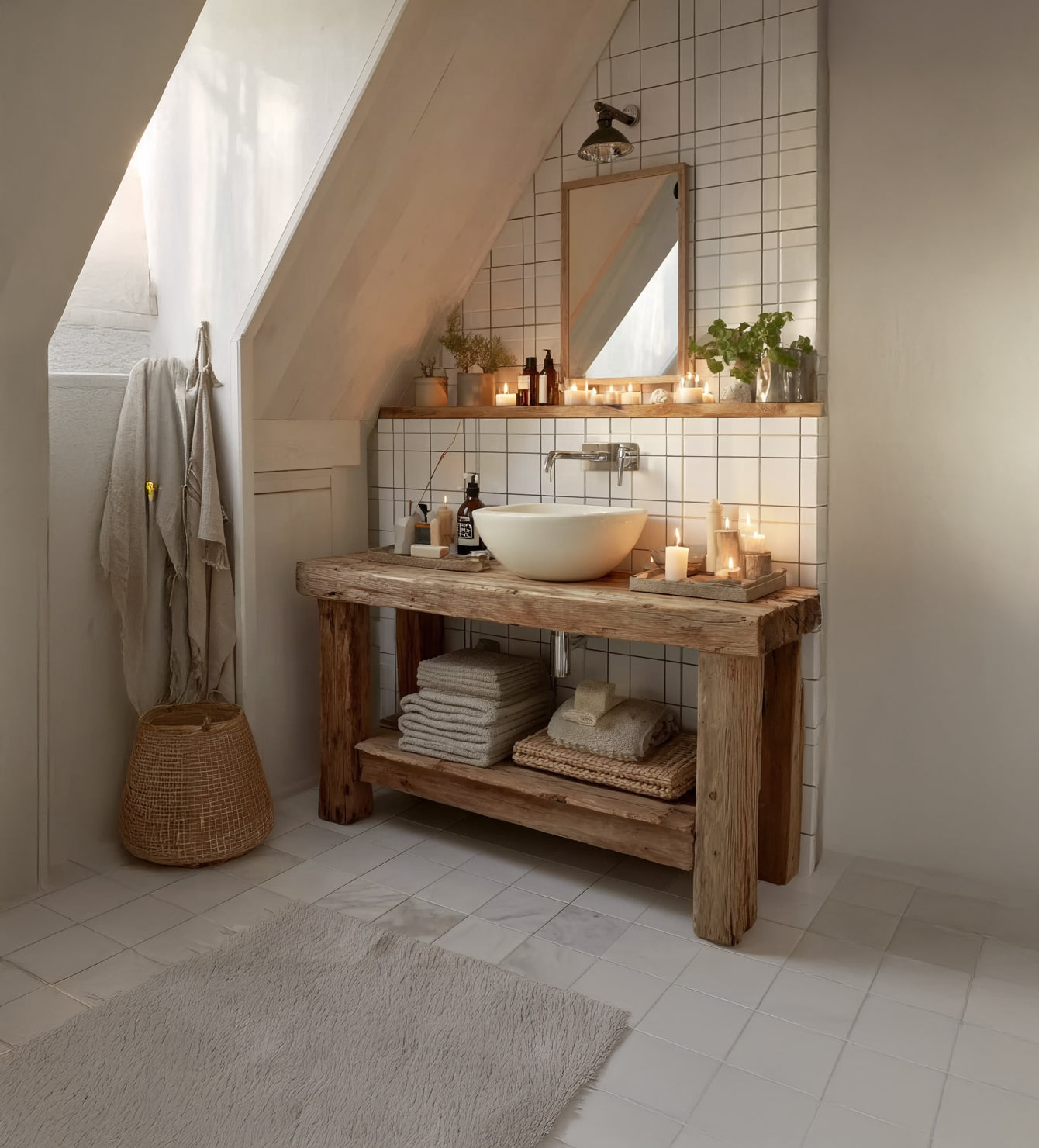 Rustikaler Badschrank aus recyceltem Massivholz mit offener Ablage