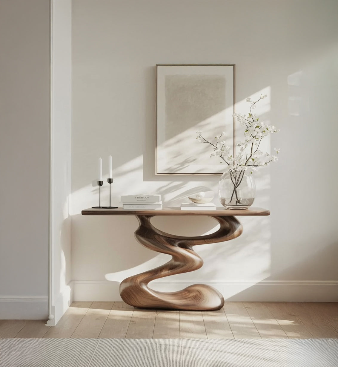 Handgefertigte Massivholz-Konsole mit skulpturalem Sockel – minimalistisch