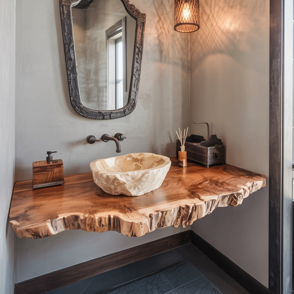 Handgefertigtes schwebendes Waschtischregal aus Massivholz mit Live Edge – rustikal