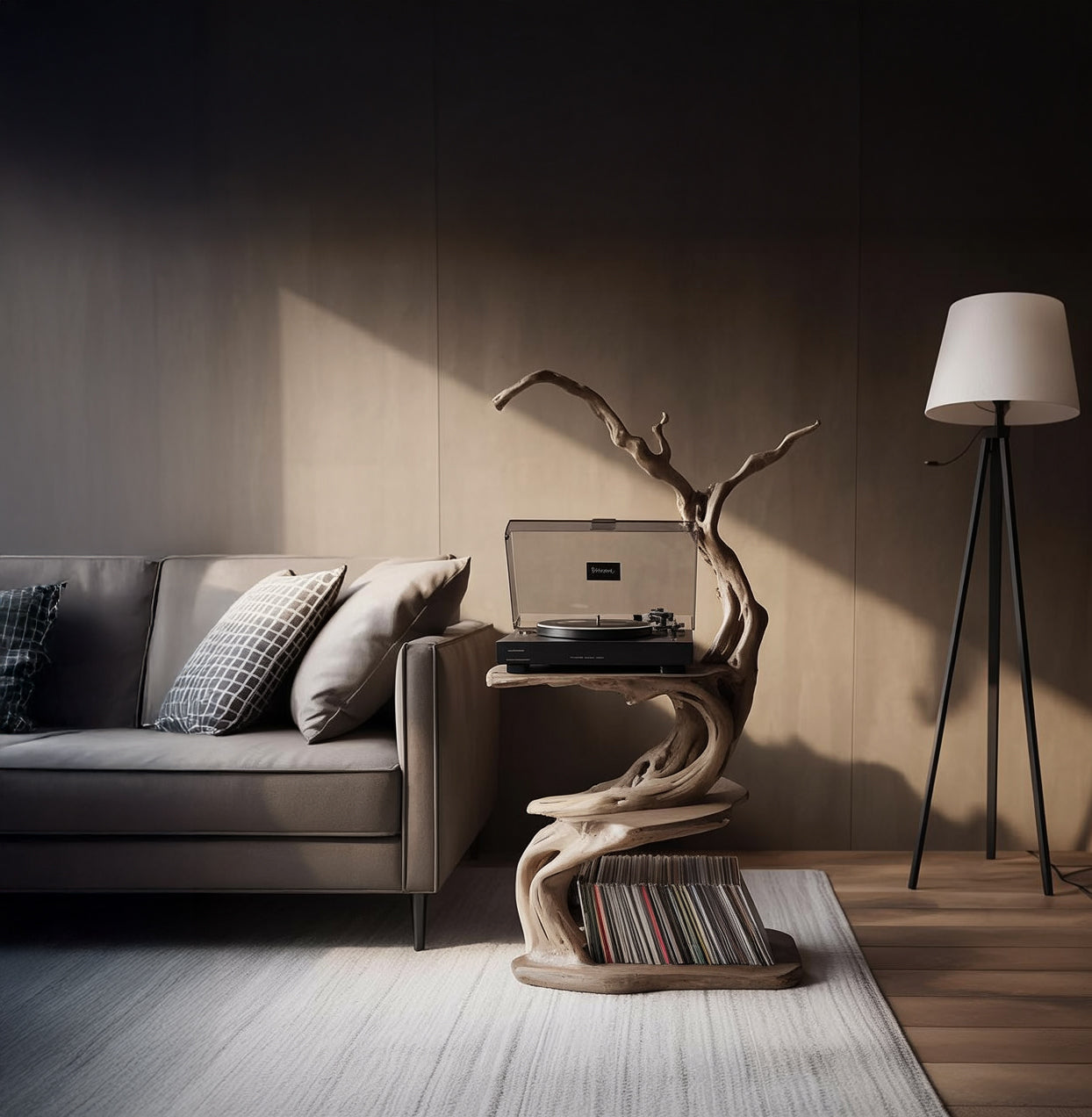 Skulpturaler Plattenspielerständer aus Holz – Organischer Treibholz-Tisch mit Vinylregal