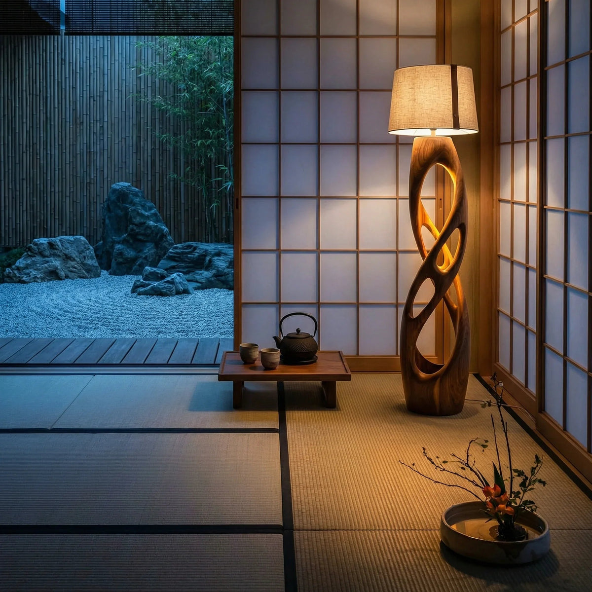Japanisches Ryokan-Zimmer mit Shoji-Wänden, skulptierter Holz-Stehlampe, niedrigem Teetisch und Zen-Garten-Blick