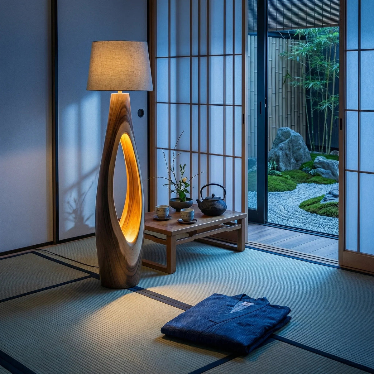 Minimalistische japanische Ryokan-Suite mit Shoji-Türen, Holztisch-Set und einzigartiger Stehlampe