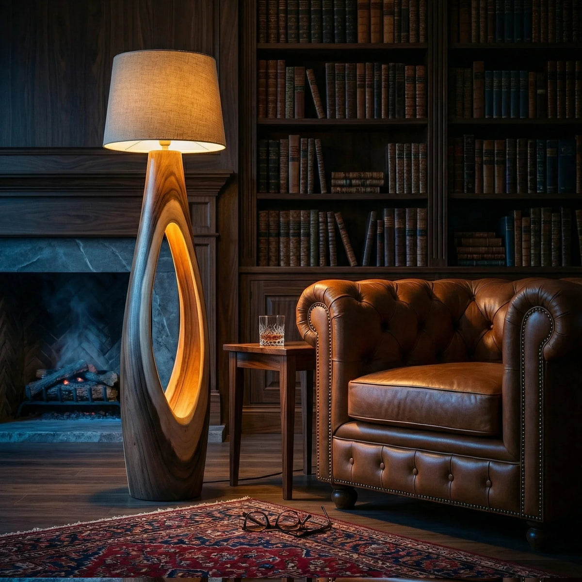 Gefäßförmige Holz-Stehlampe – Treibholz-Standleuchte mit zwei Öffnungen & innerem Leuchten