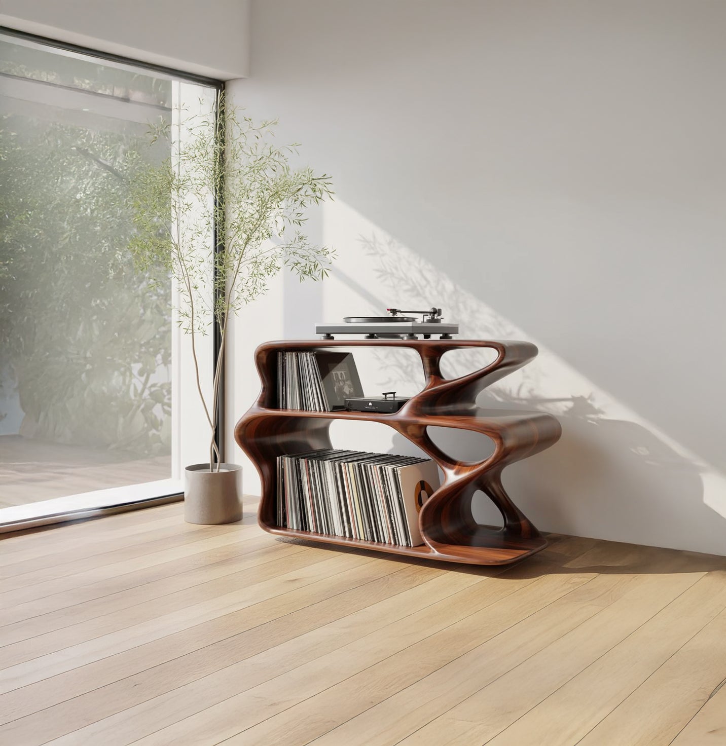 Holz-Plattenspielerständer mit Vinyl-Aufbewahrung im modernen Design